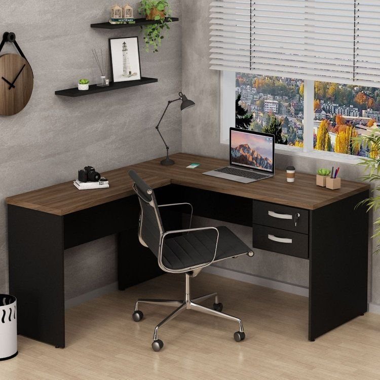 Mesa de Canto em L para Escritório com Gaveta 2 Gavetas 140cm Nogal Marrom Nogal