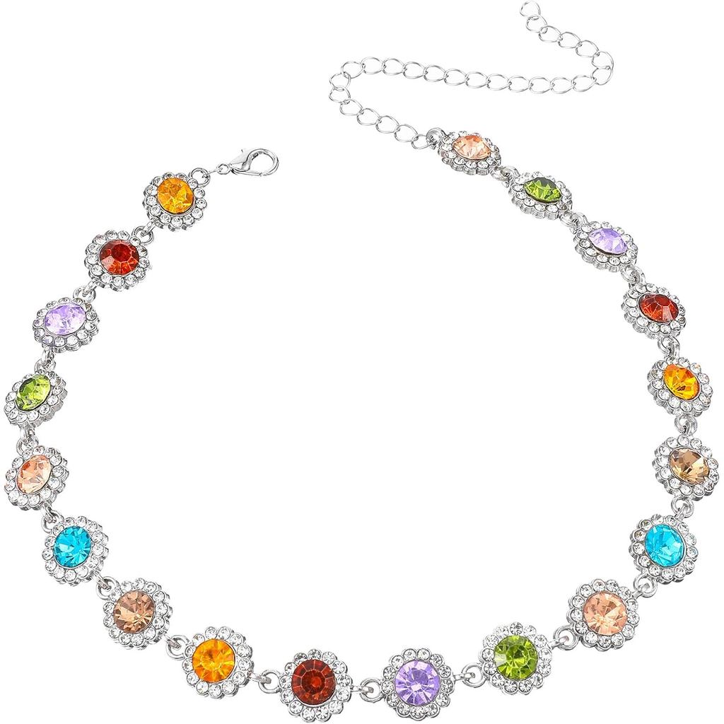 Colar Choker de Pedras Preciosas Coloridas para Mulheres, Colar Choker de Cristal Arco-Íris Brilhante, Colares de Strass