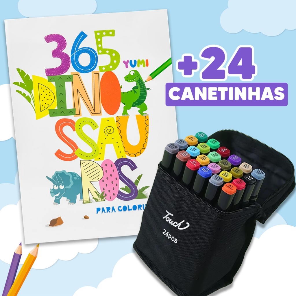 Livro 365 Desenhos Para Colorir Dinossauros + Caneta Canetinhas Coloridas Touch