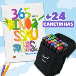 Livro 365 Desenhos Para Colorir Dinossauros + Caneta Canetinhas Coloridas Touch Com Ponta Dupla