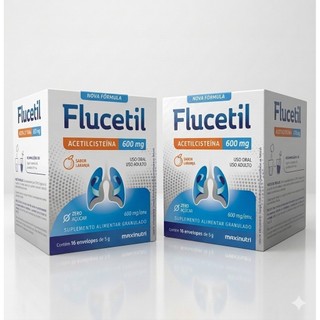 Kit 2 X Flucetil  Kit 3 x Flucetil (Acetilcisteína) 600MG c/16 envelopes MAXINUTRI -  Sabor Laranja e Zero açúcar