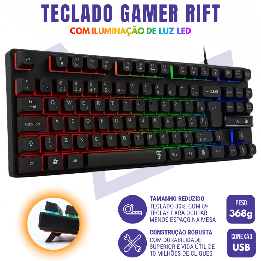Teclado Gamer Luz Led Rainbow RGB Membrana 80% Com fio ABNT2 - Rift Clanm