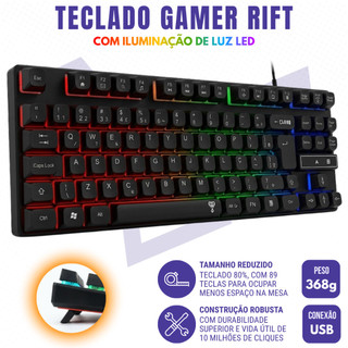 Teclado Gamer Luz Led Rainbow RGB Membrana 80% Com fio ABNT2 - Rift Clanm