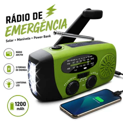 Rádio de Emergência Solar AM/FM 1200mAh com Manivela Lanterna LED e Power Bank