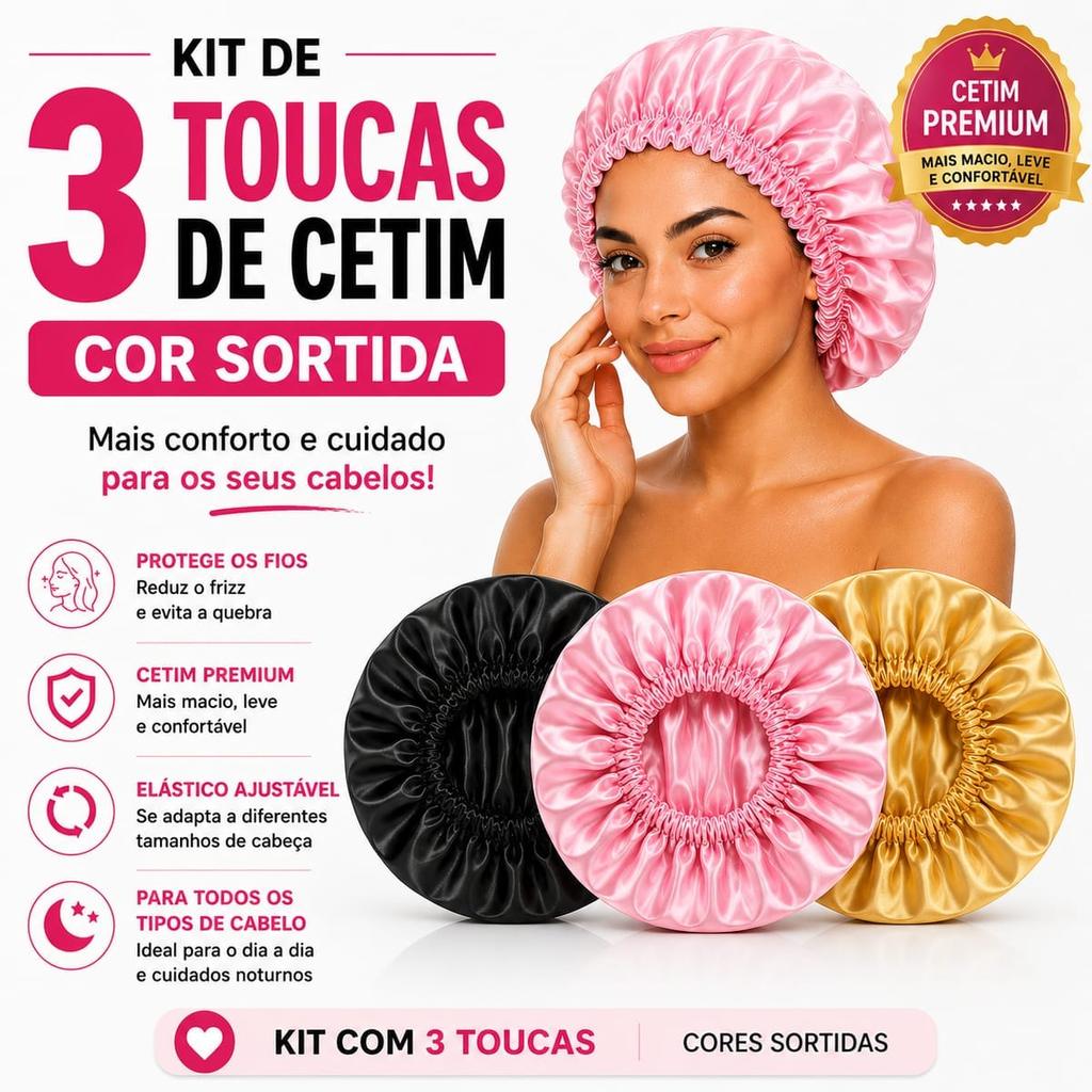 Touca de Cetim Premium - Kit 3 Unidades (Cores Sortidas), Tamanho Único com Elástico Macio