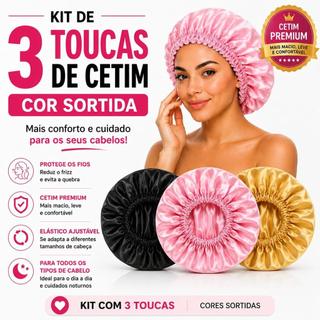 Touca de Cetim Premium - Kit 3 Unidades (Cores Sortidas), Tamanho Único com Elástico Macio