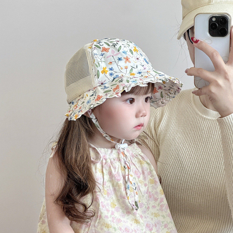Crianças chapéu verão estilo fino malha respirável princesa balde chapéu bebê menina estilo coreano Floral pára-sol prot