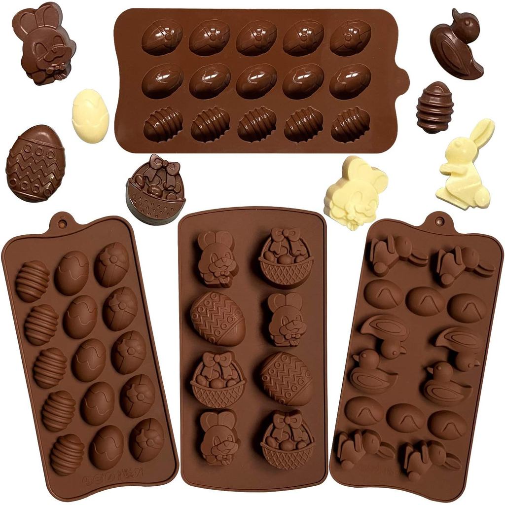 Moldes de Chocolate Mauts-inus, Formas de Ovos de Páscoa e Coelhinhos, Conjunto de 4 Peças, Silicone, Marrom, Forma Irre