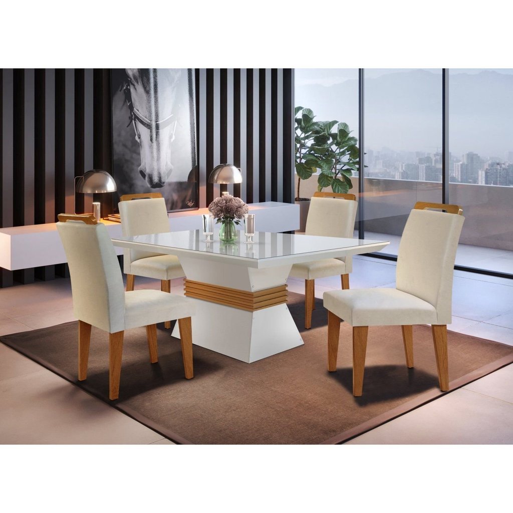 Conjunto Sala de Jantar Mesa Clarice 120x80cm Tampo Vidro/MDF Canto Reto com 4 Cadeiras Athenas Branco/Veludo Creme/Off