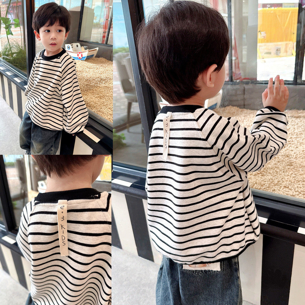 Han Faner ~ Meninos Primavera Estilo Estilo Coreano Estilo Ocidental Listrado Camiseta de Manga Comprida Médio Crianças 