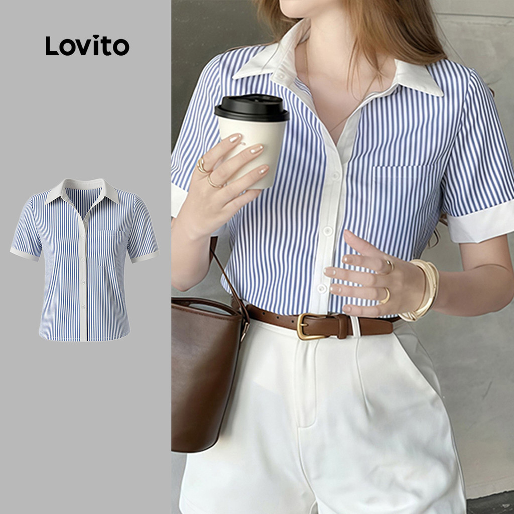 Lovito Blusa Casual Botão Clássica e Versátil Colorblock Azul para Mulheres LK4AD082