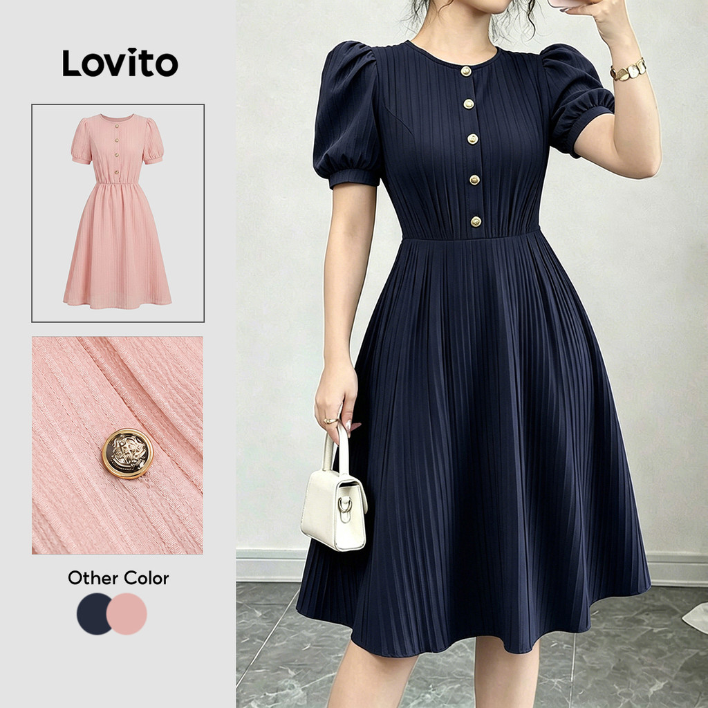 (New Arrival) Lovito Vestido Casual Feminino Azul Marinho Jacquard Botão Primave