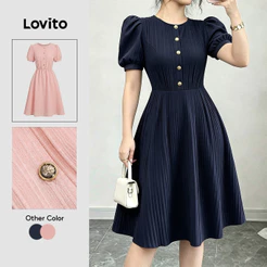 Lovito Vestido Casual Feminino Azul Marinho Jacquard Botão Primavera/Verão LBL36079