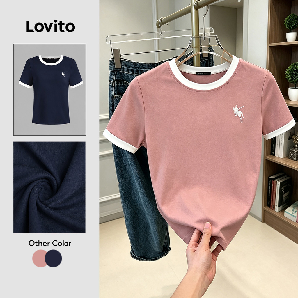 (New Arrival) Lovito Camiseta Casual Feminina com Estampa em Blocos de Cores Pri