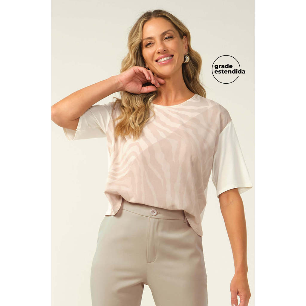 Blusa Feminina Estampa Manga Curta Marialícia Bege