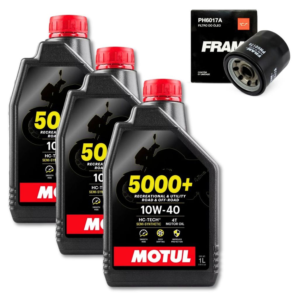 KIT TROCA ÓLEO YAMAHA XJ6 R3 MT03 MT07 MT09 3x MOTUL 5000+ JASO MA2 10W-40 4T 1L Semi-sintético + 1 FILTRO FRAM PH6017A