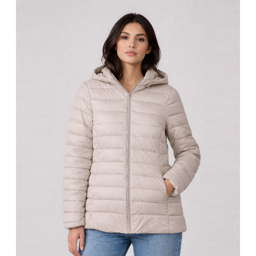 Jaqueta Puffer Feminina Com Capuz Sea Surf Bege