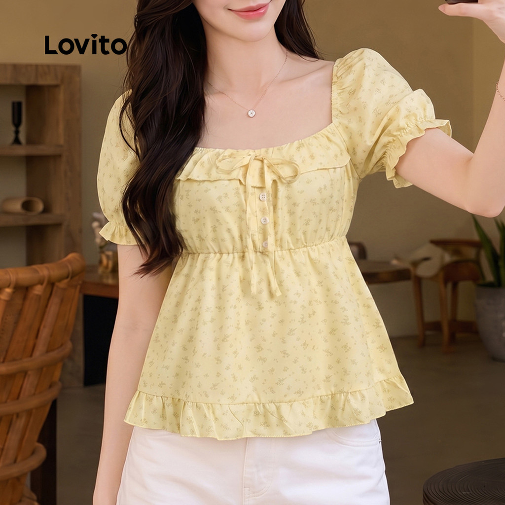 Lovito Casual Blusa Amarração Frontal Babado Bainha De Primavera/verão Amarela Para Mulheres BLB203TD088 · foto 2