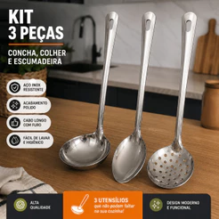 Kit 3 Utensílios de Cozinha Aço Inox Colher Concha Escumadeira Conjunto Preparo e Serviço