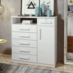 Cômoda para Quarto 6 Gavetas 1 Porta com Chave Estilo Moderno da Vinci 111cm Branco Branco