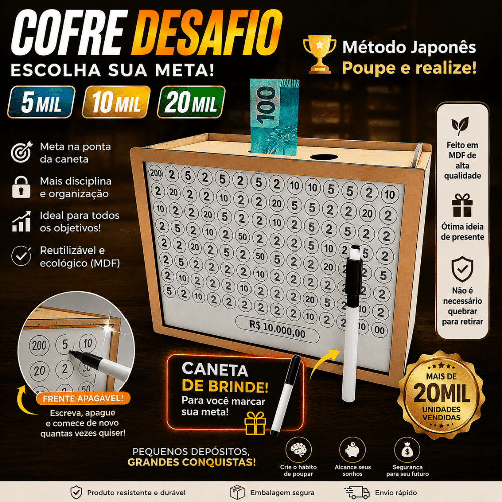 Cofre Desafio 1Mil/5Mil/10Mil/20Mil Caixa de Dinheiro MDF Método Japonês / Depósitos / Poupança / Economizar - PROMOÇÃO