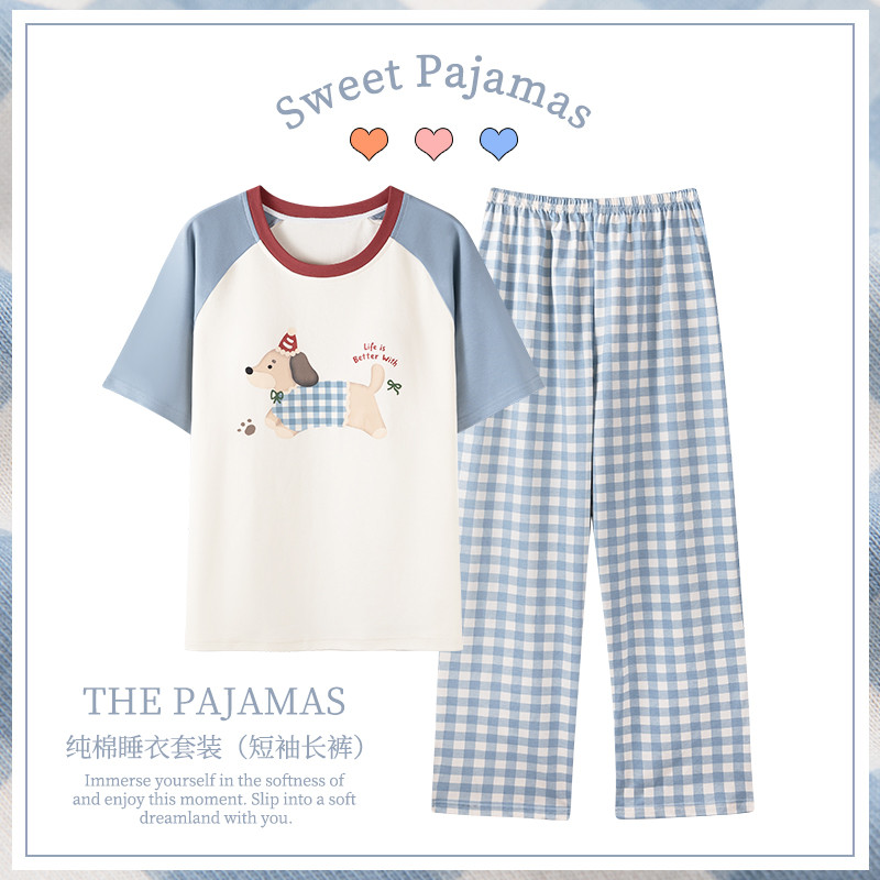 Kazhilian pijamas femininos 2026 novo estilo verão manga curta Dachshund azul xadrez calças de duas peças Loungewear
