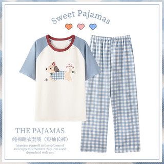 Kazhilian pijamas femininos 2026 novo estilo verão manga curta Dachshund azul xadrez calças de duas peças Loungewear