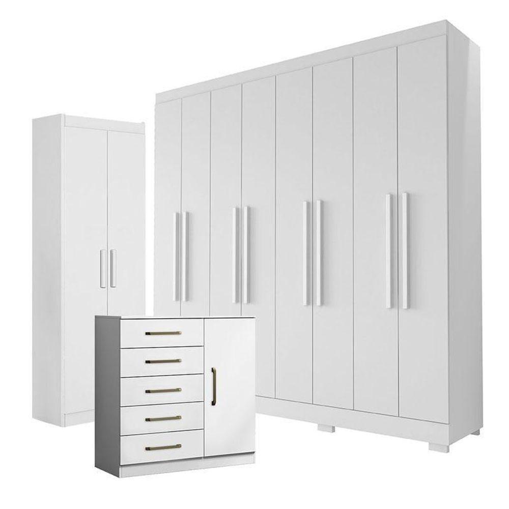 Guarda Roupa Casal Porto 8 Portas 4 Gav C/Cômoda Sapateira Milão+Multiuso 2Portas 2000191 Branco Tx