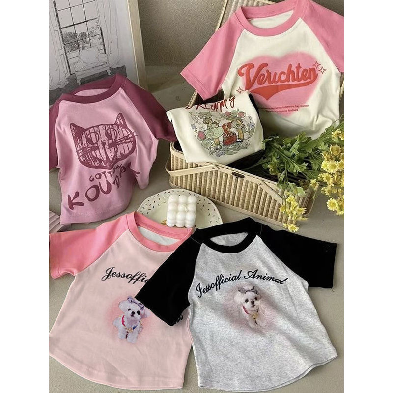 2025 vestido de verão meninas versão coreana bonito impresso dos desenhos animados manga Raglan camiseta crianças moda c