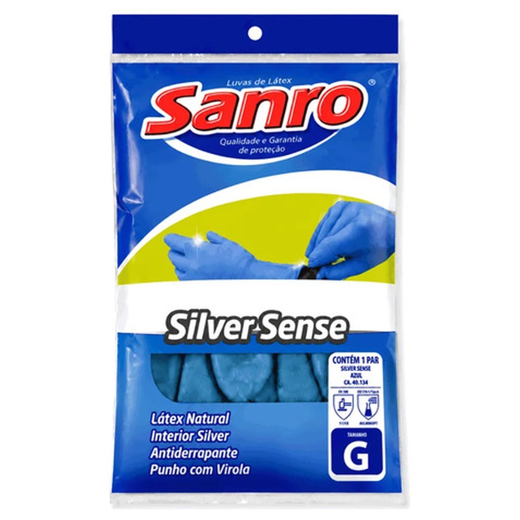 Luva Silver Sense Sanro G Azul Proteção Limpeza Látex Reutilizável Serviços Domésticos Profissional