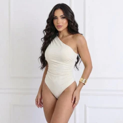 Body Feminino Um Ombro Só Mula Manca Com Drapeado Plissado Franzido Regata