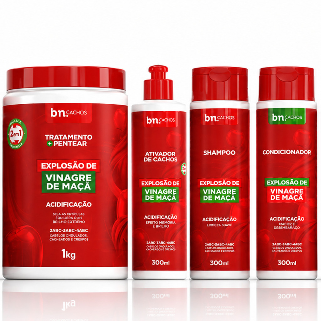 Duo Shampoo e Condicionador + Tratamento e Pentear 2 em 1 + Ativador de Cachos Explosão de Vinagre de Maça 300ml
