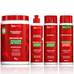 Duo Shampoo e Condicionador + Tratamento e Pentear 2 em 1 + Ativador de Cachos Explosão de Vinagre de Maça 300ml