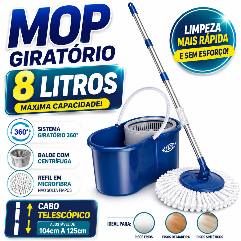 Mop Profissional 3 em 1 Inox 8L Com Balde 360º Giratório com Alça Extensível Esfregão Centrifuga