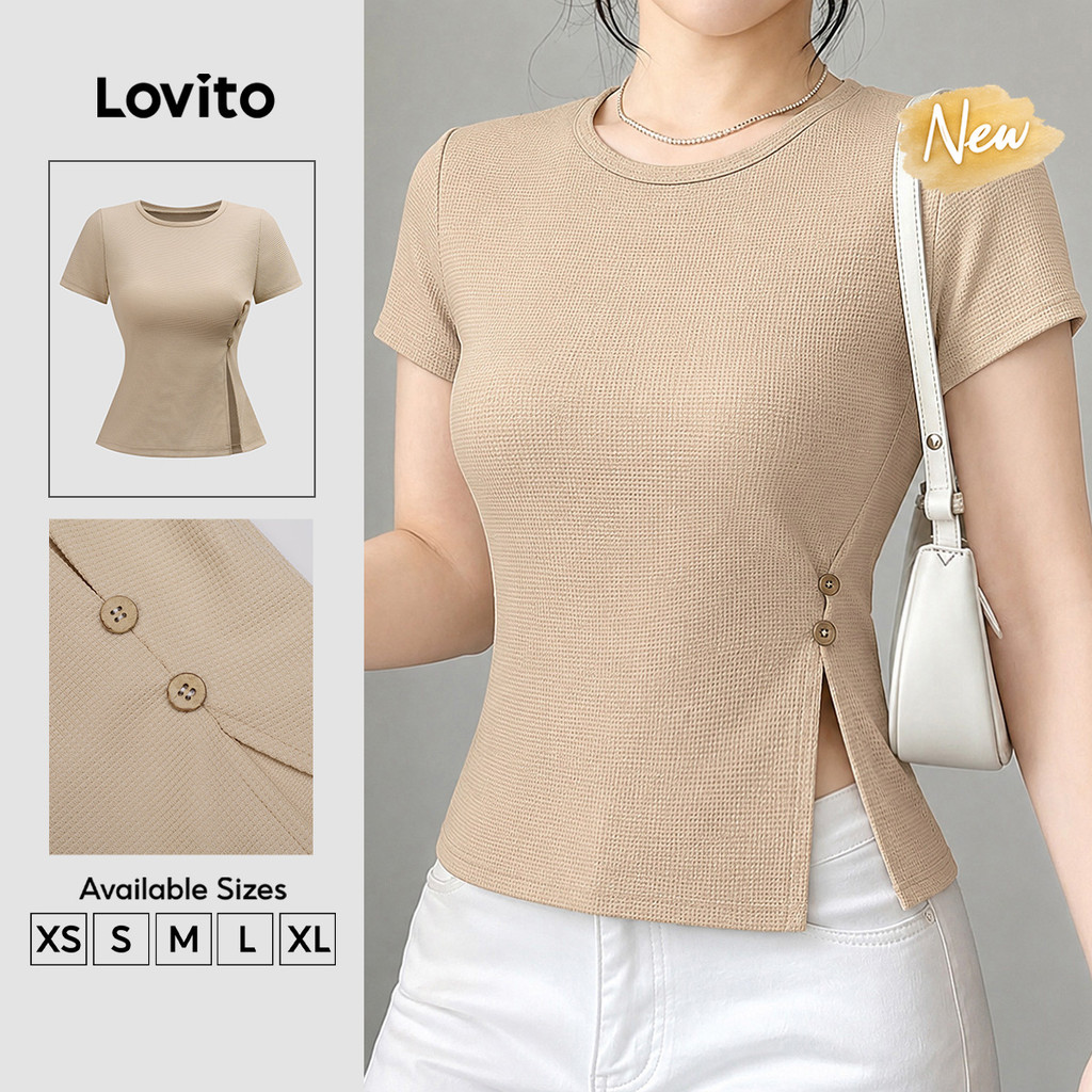 (New Arrival) Lovito Camiseta Casual Jacquard Botão Assimétrico Primavera/verão Cáqui para Mulheres TSK9P1D140