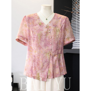 Jovem mãe verão terno High-End Chiffon camisa pequena 2026 novo estilo de meia-idade idosos camiseta de manga curta