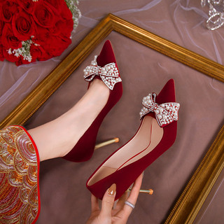 Sapatos de casamento de noivado vermelho feminino Hexiu roupas vestido de casamento de duas peças chinês nupcial salto a