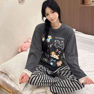 Pijamas de veludo alemão feminino outono inverno gatinho dos desenhos animados bonito calças de manga comprida rendas do