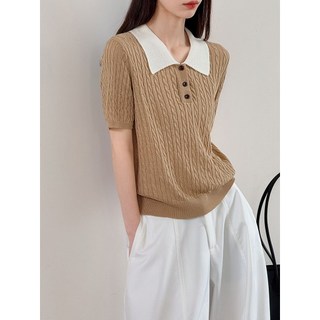 Cáqui polo colarinho Tencel linho manga curta camiseta feminina fina Super agradável malhas vintage francês topo