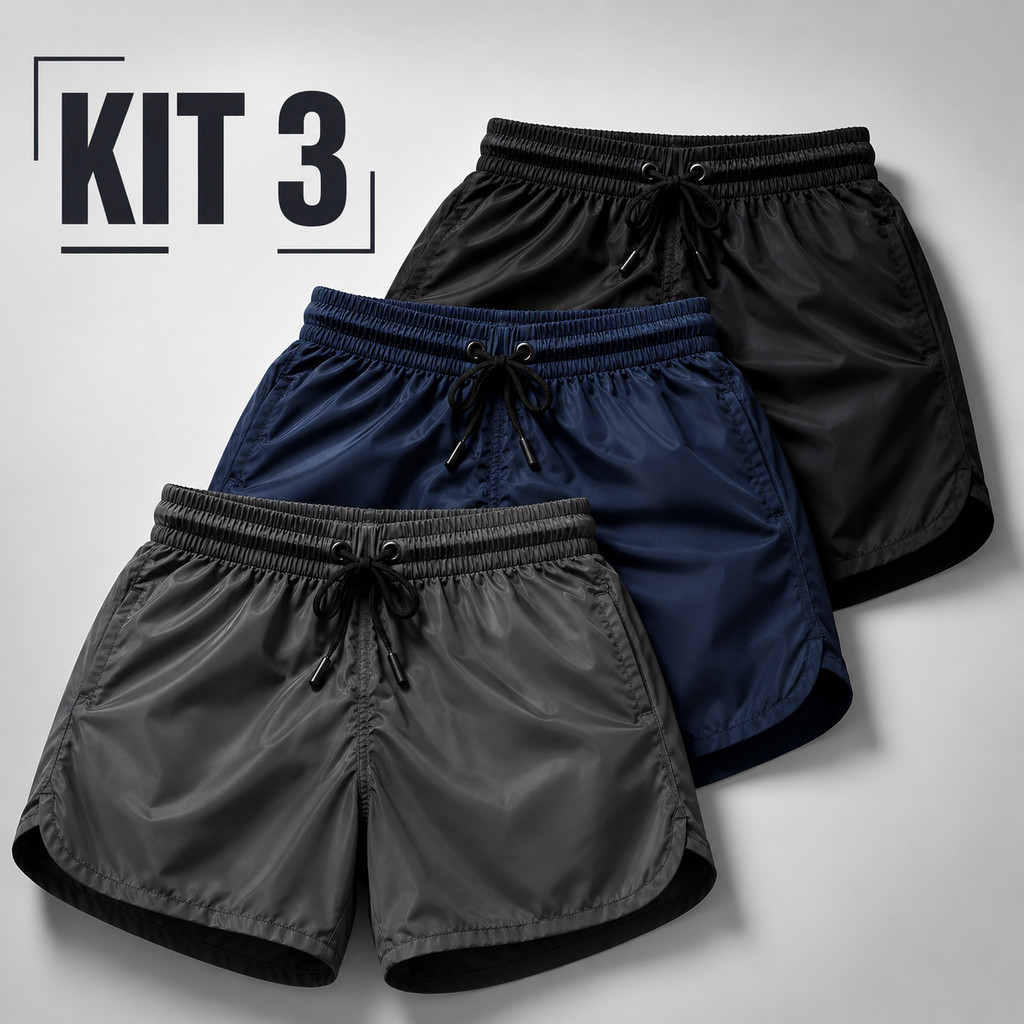 Kit 3 Shorts Masculino Tactel com Elastano Bermuda Mauricinho Masculina Academia Praia Corrida Esportivo com Bolso