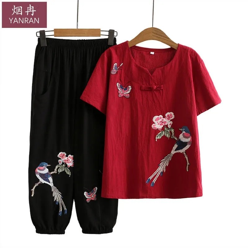 Único/terno roupas de avó novo estilo algodão linho terno de duas peças de meia-idade roupas femininas idosas mãe roupas