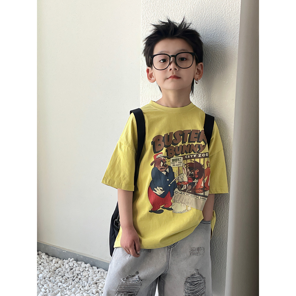 Meninos camiseta de manga curta 2026 verão novo estilo crianças versão coreana bonito topo dos desenhos animados bonito 