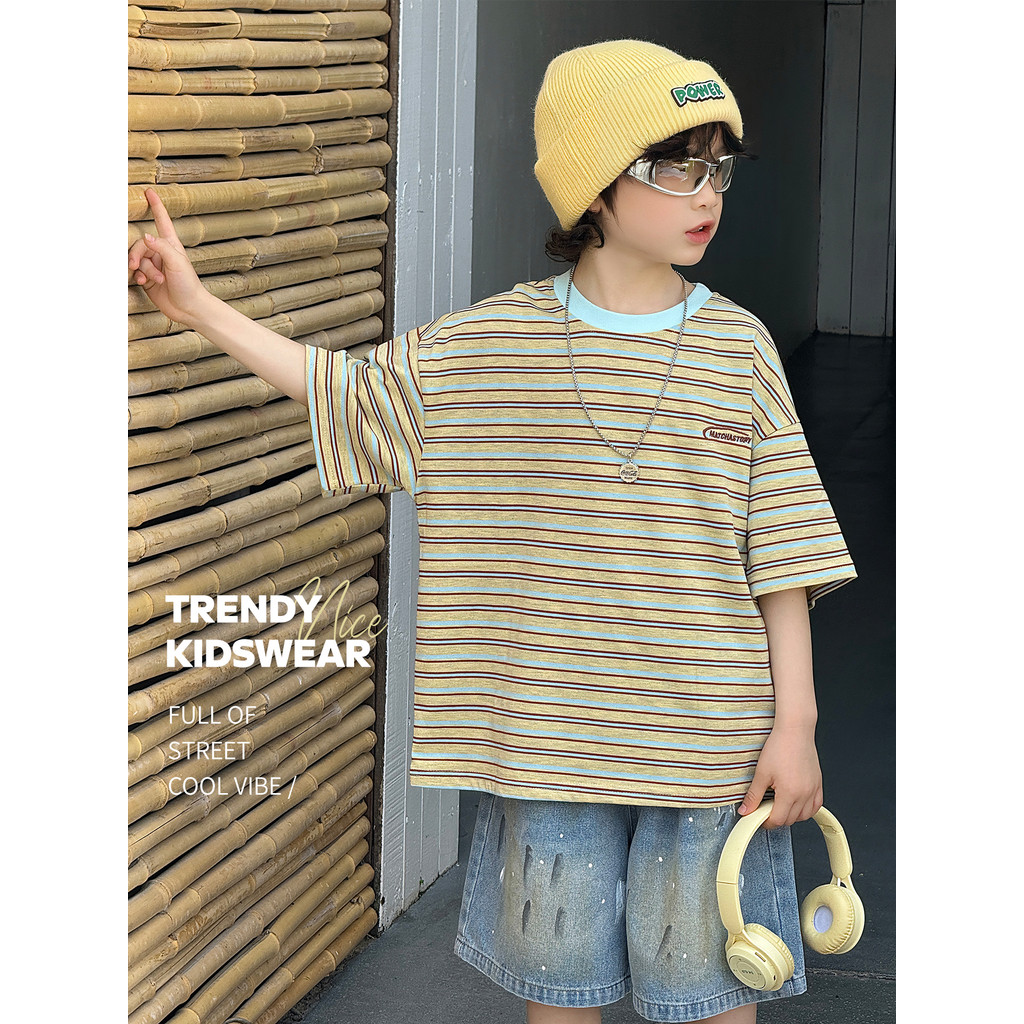Meninos verão contraste cor listrado camiseta de manga curta 2026 novo estilo versão coreana algodão topo crianças solto