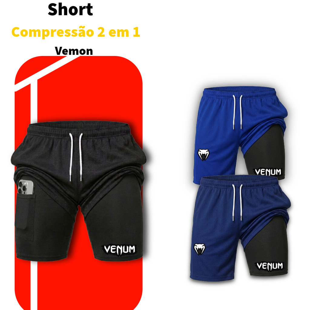 Short Compressão Masculino 2 em 1 Dry Fit Elastano Academia Corrida Treino Fitness Bermuda