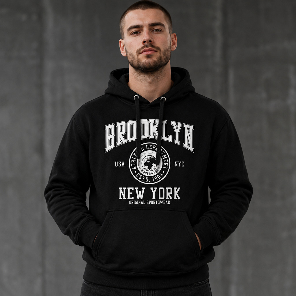 Blusa de Frio Masculina Brooklyn New York Moletom Canguru Flanelado Estampado Capuz Preto