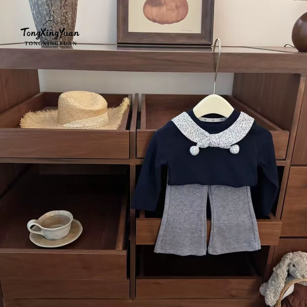 Meninas outono novos produtos Floral gravata borboleta camiseta Micro-calças terno crianças bebê confortável respirável 