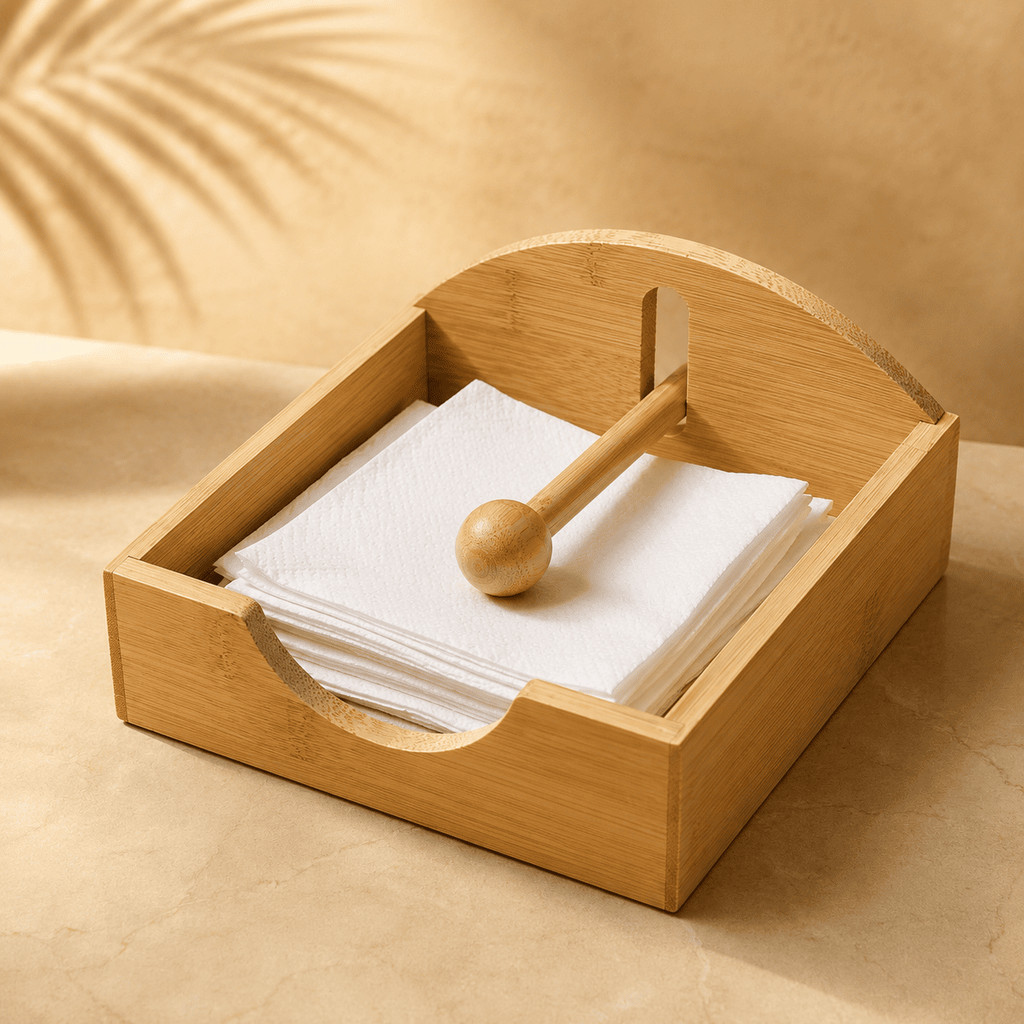 Porta Guardanapos Bambu Natural Haste Anti Vento Mesa Posta Cozinha Varanda 18x18x8cm