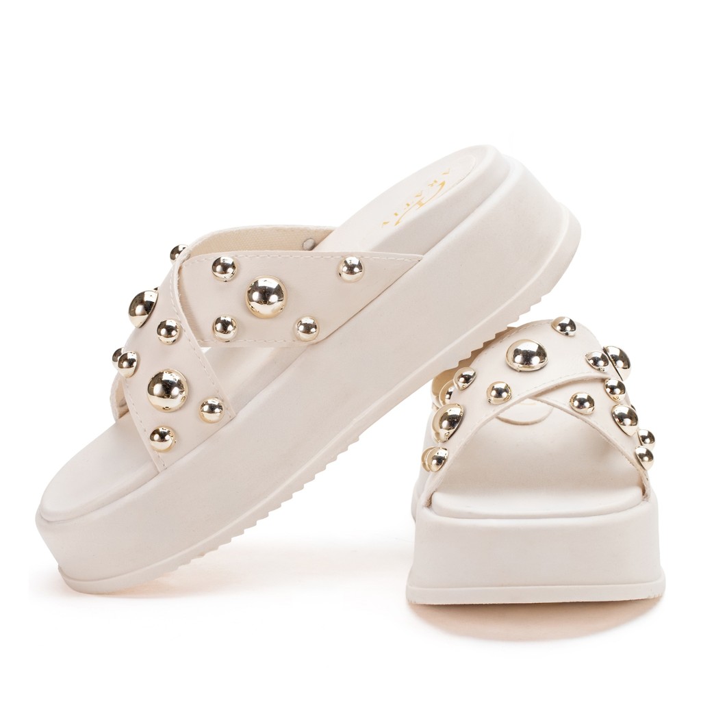 Sandália Feminina Papete Flatform Plataforma Bolinhas Douradas Confortável Moderna