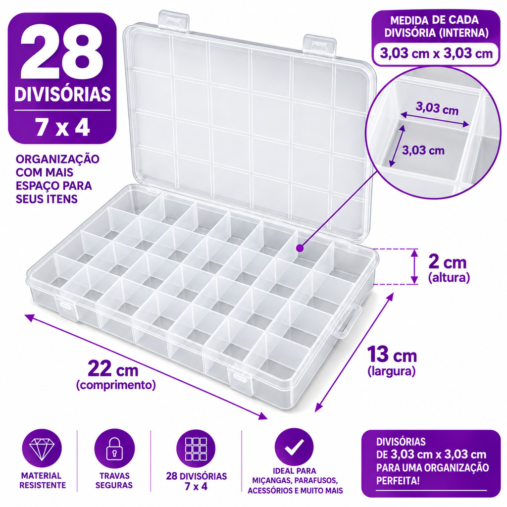 Caixa Organizadora 28 Divisórias Transparente Miçangas Pesca Costura Acessórios