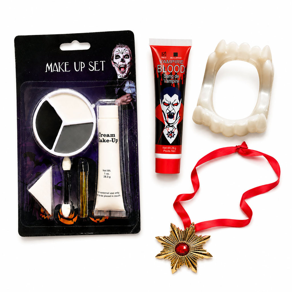 Kit Maquiagem Artística Vampiro Halloween com Sangue Falso, Dentadura e Medalhão